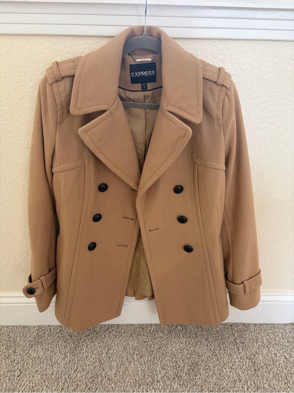 Express Camel Double-Breasted Peacoat with Epaulets